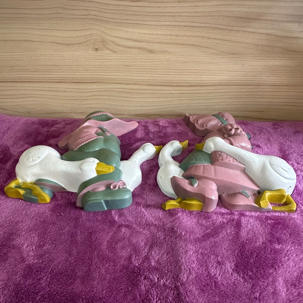 Vintage Wall Decor Boy Girl Riding Geese Figurines Pink Green Yellow Set - Picture 7 of 9